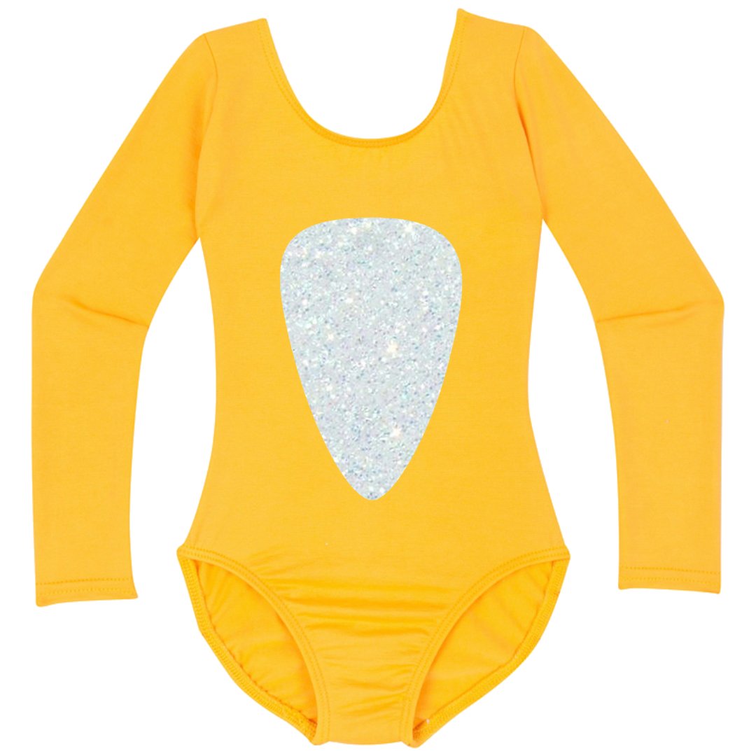 Gold long sleeve leotard with a white glitter belly design inspired by Baby Shark.