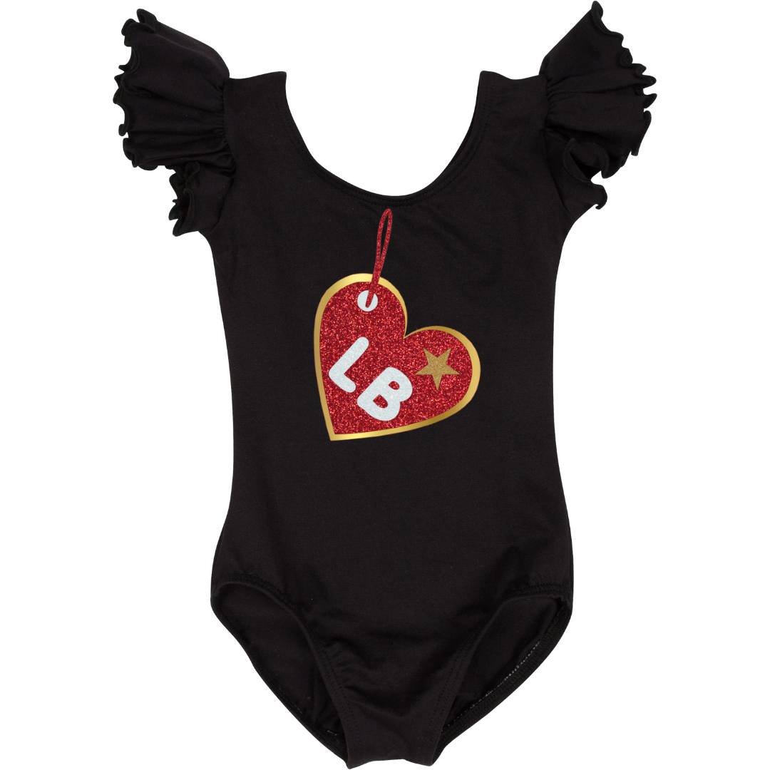 Black short ruffle sleeve leotard with beanie pal glitter tag (customized with own letter choices).