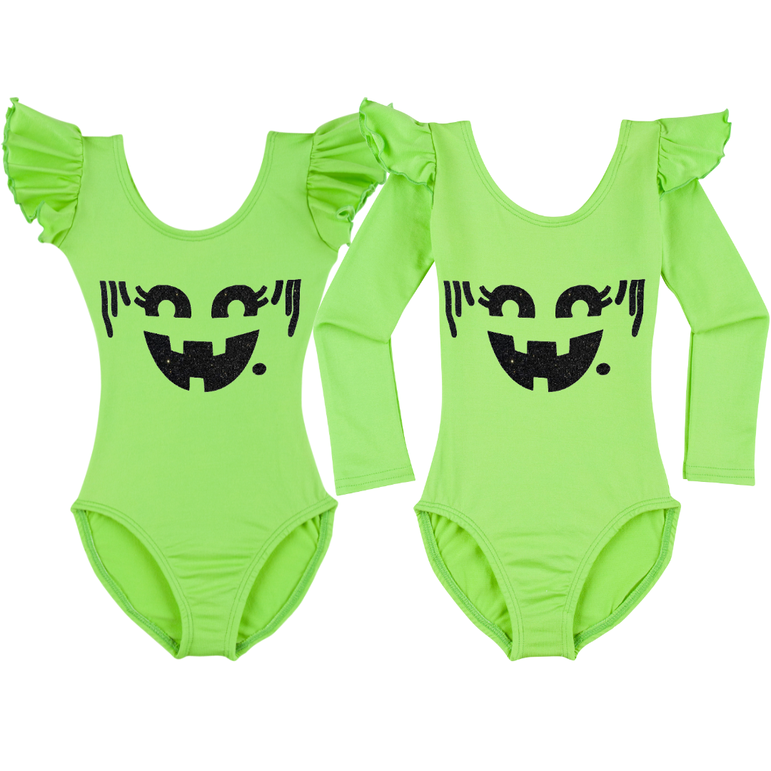 Lime green ruffle sleeve leotards with variety of nostalgic Halloween faces.