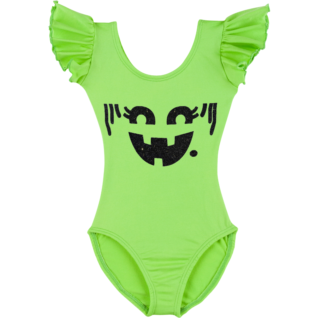 Lime green short ruffle sleeve leotard with variety of nostalgic Halloween faces.