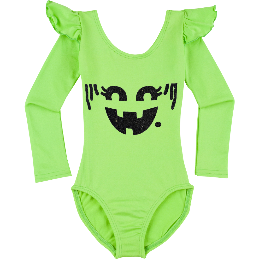 Lime green long ruffle sleeve leotard with variety of nostalgic Halloween faces.