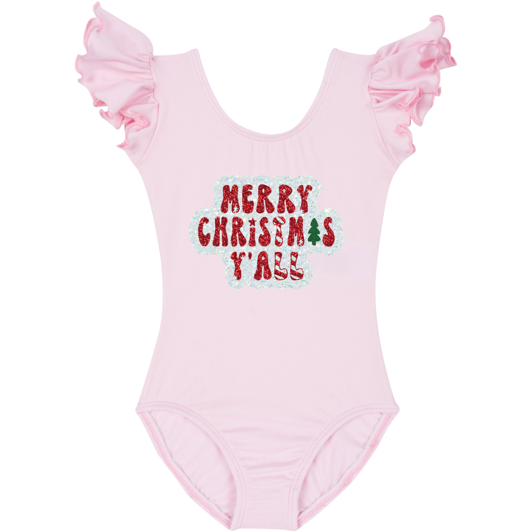 Light Pink Short Ruffle Sleeve Leotard with "Merry Christmas Y'all" in white, red and green glitter vinyl.
