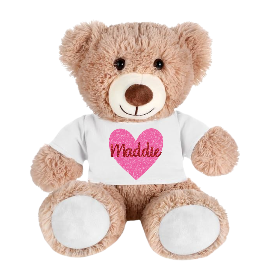 Personalized Teddy Bear on a Light Brown Bear and a Pink Heart with Custom name.