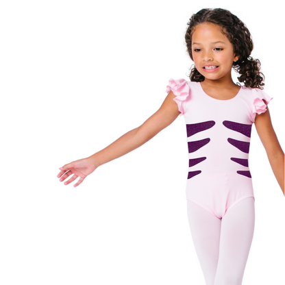 Little girl model with Light Pink ruffle leotard and purple glitter fish design.