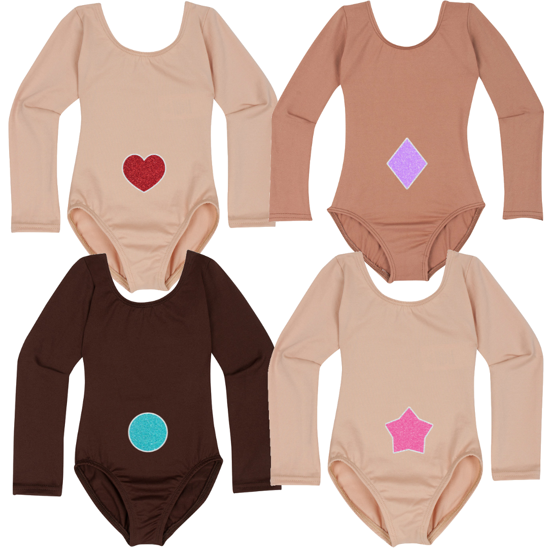 Vintage troll doll design on three different skin tone colors. Four different gem options on front of leotard.