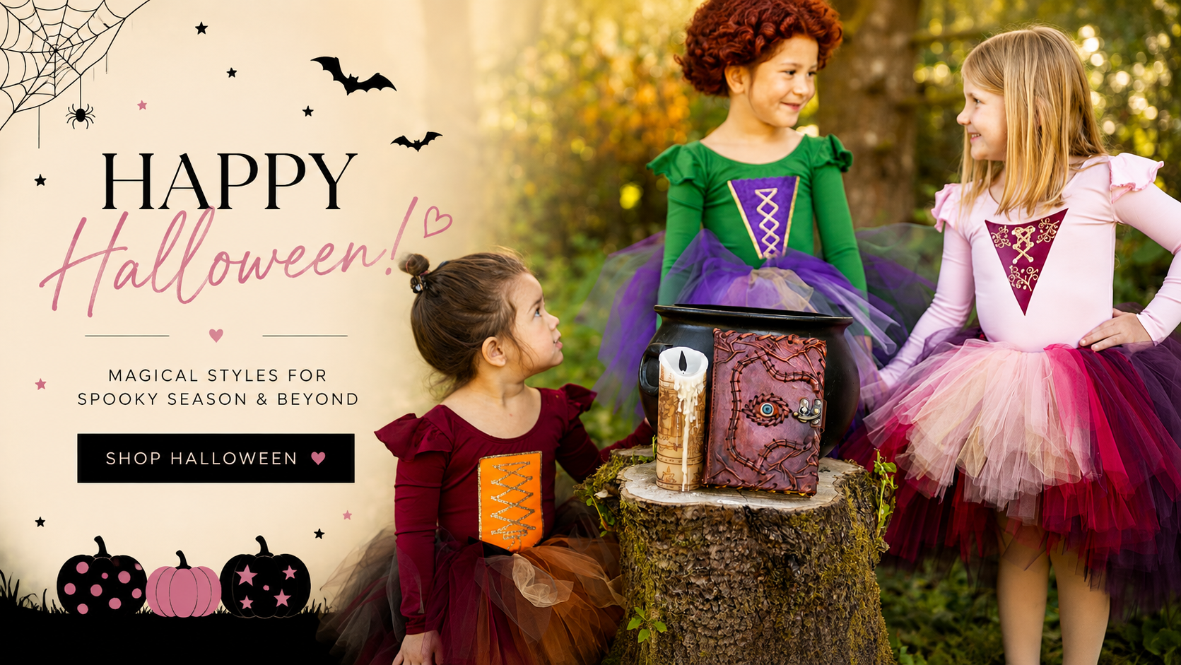 Three children wearing colorful Halloween costumes pose outdoors next to a small black witch hat and a bottle of glitter on a tree stump. The left side features a graphic overlay that reads 'HAPPY Halloween!' with 'Magical Styles for Spooky Season & Beyond' and a 'SHOP HALLOWEEN' button.