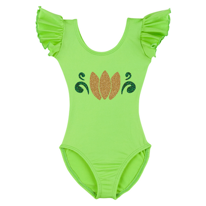 Lime Green Short Ruffle sleeve leotard with Bayou Princess design.