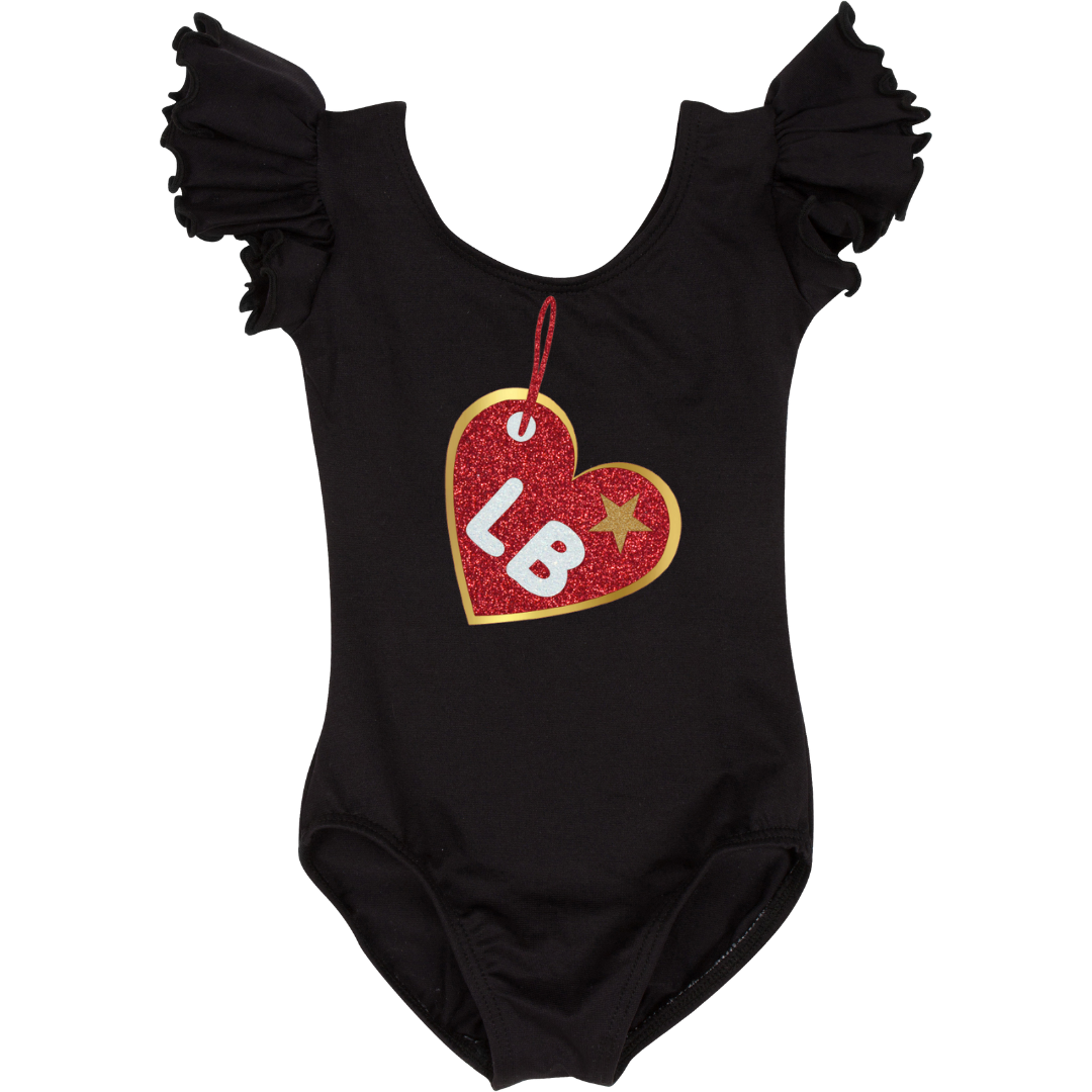 Black short ruffle sleeve leotard with beanie pal glitter tag (customized with own letter choices). 