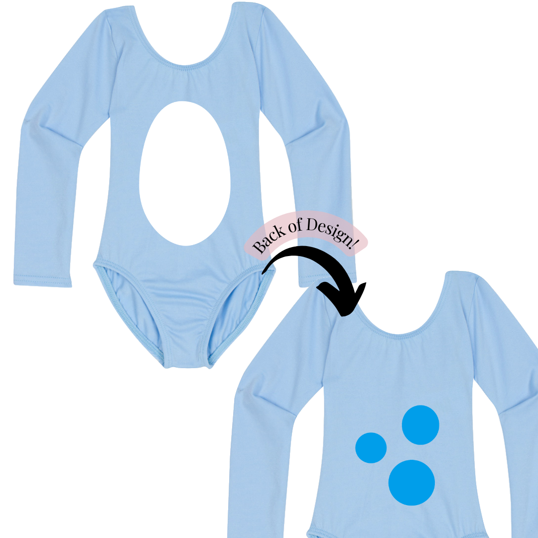 Light Blue leotard with blue dog design.