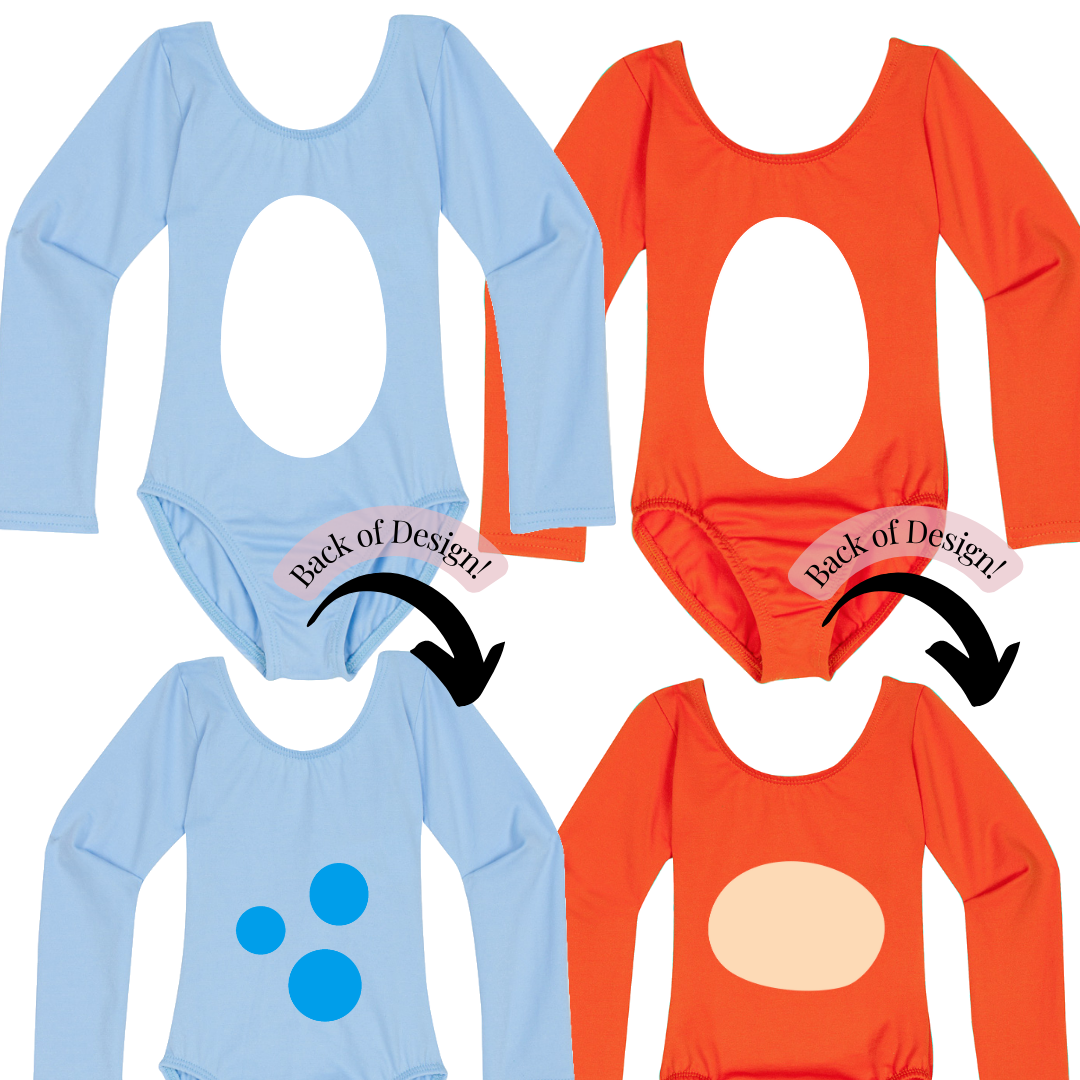 Light Blue and Orange leotards with blue and orange dog design.