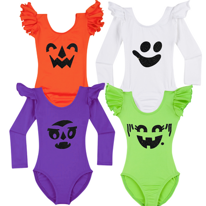 Ruffle sleeve leotards in the colors orange, white, purple and lime green with variety of nostalgic Halloween faces. 