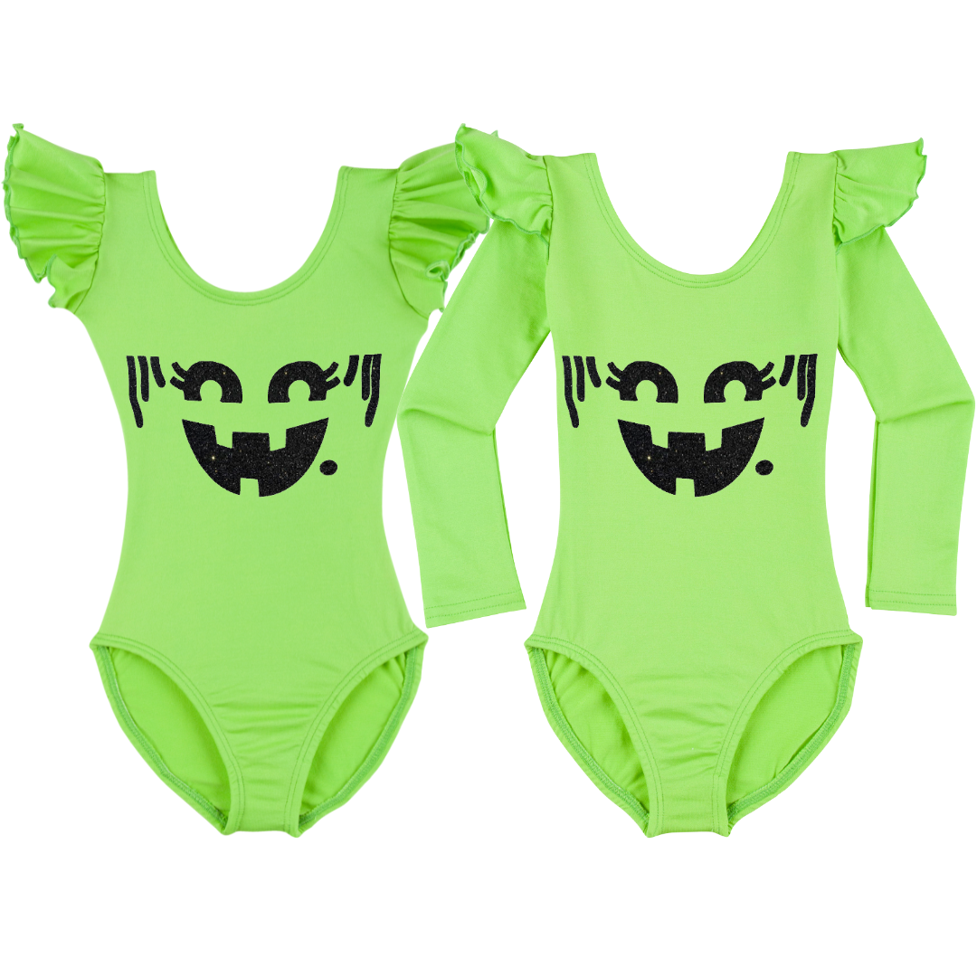 Lime green ruffle sleeve leotards with variety of nostalgic Halloween faces. 