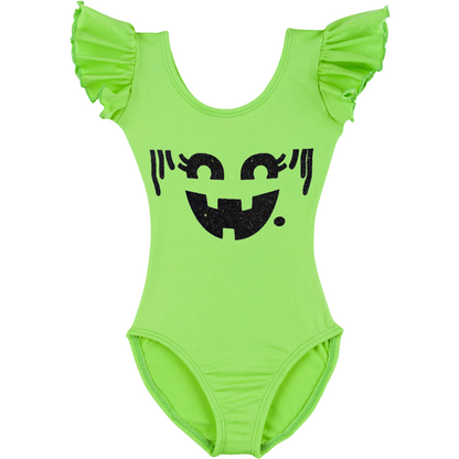 Lime green short ruffle sleeve leotard with variety of nostalgic Halloween faces. 