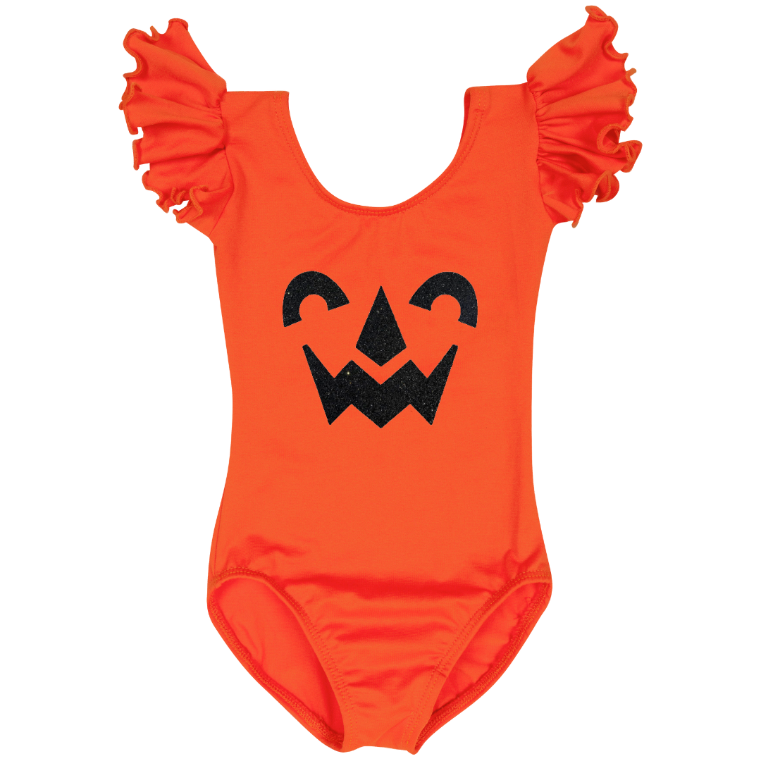 Orange ruffle short sleeve leotard with a nostalgic Halloween face. 