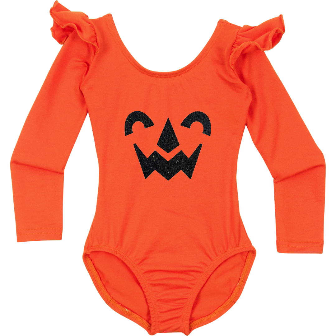 Orange ruffle long sleeve leotard with a nostalgic Halloween face. 