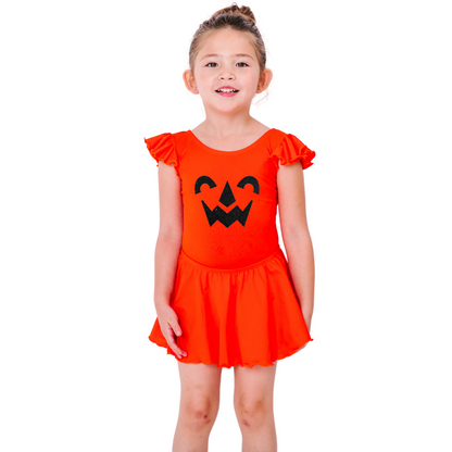 Little girl model with Orange short ruffle sleeve leotard with nostalgic pumpkin design.