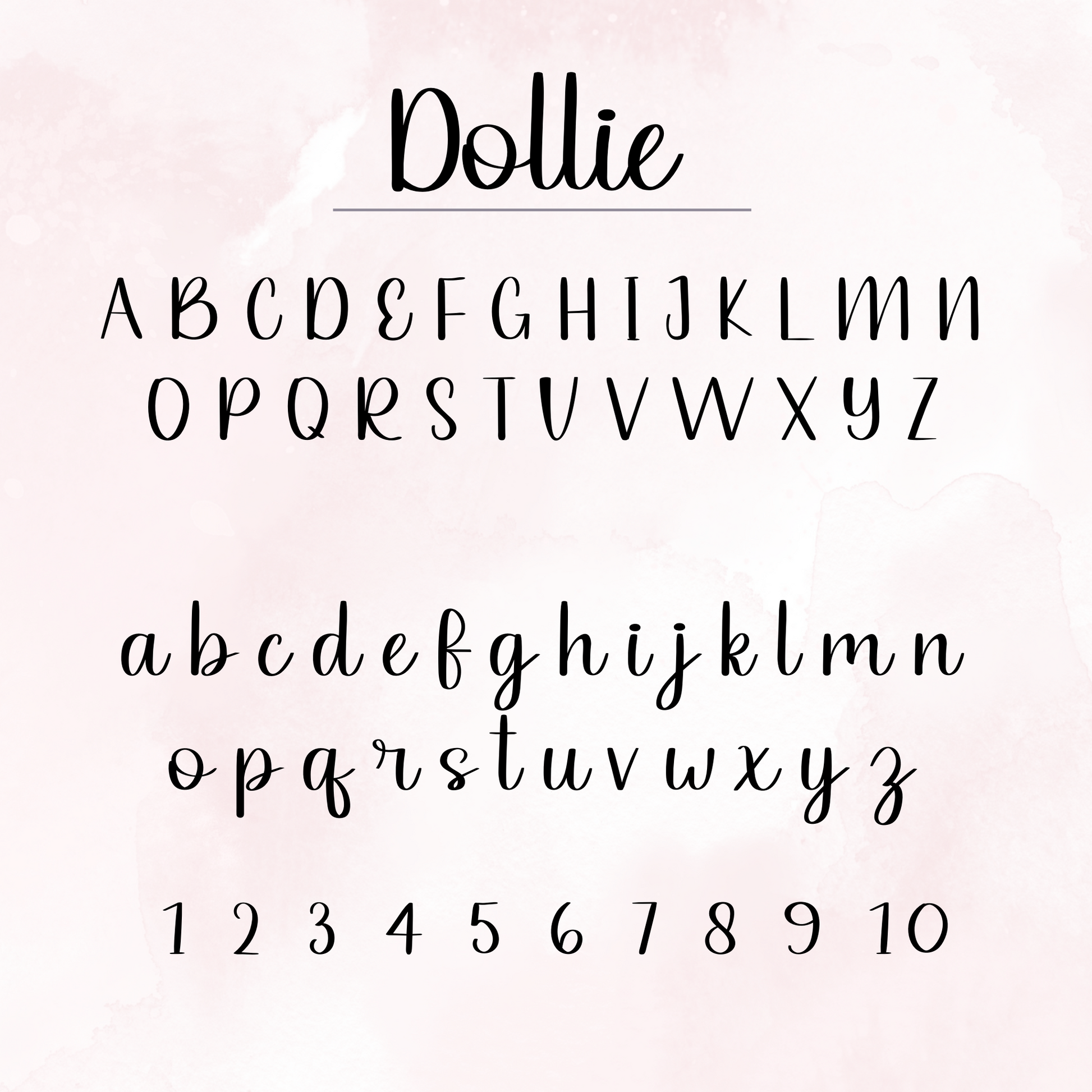 Handwritten uppercase and lowercase alphabet in a cursive font, from A to Z. The name "Dollie" is written above the alphabet in the same font.