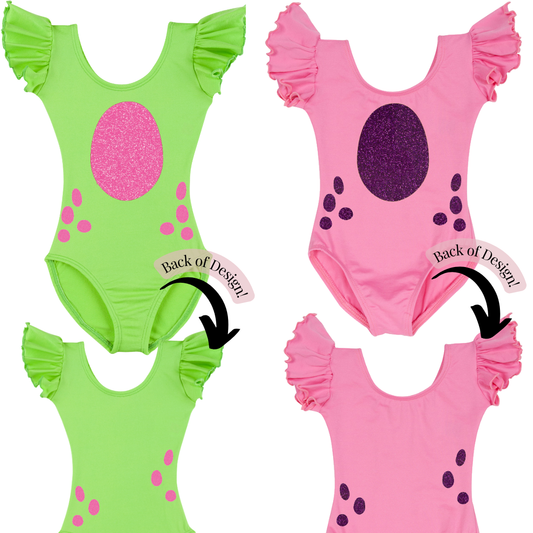 Lime Green and Bright Pink short ruffle sleeve leotards with neon pink and purple glitter vinyl in a dinosaur design.