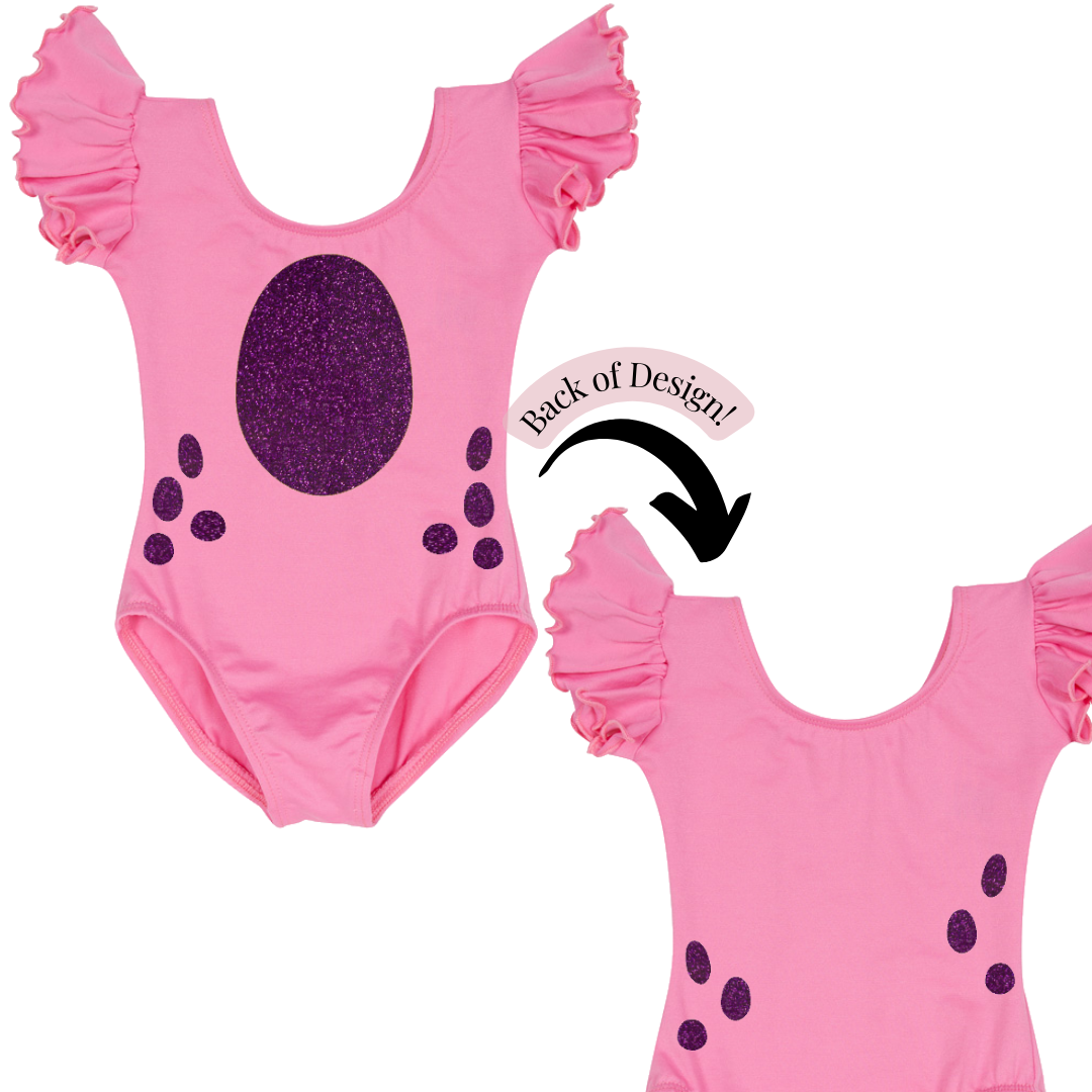 Bright Pink short ruffle sleeve leotard with purple glitter vinyl in a dinosaur design.