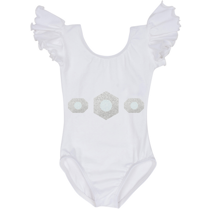 White Ruffle Short Sleeve leotard with silver and white glitter Galactic Princess design.