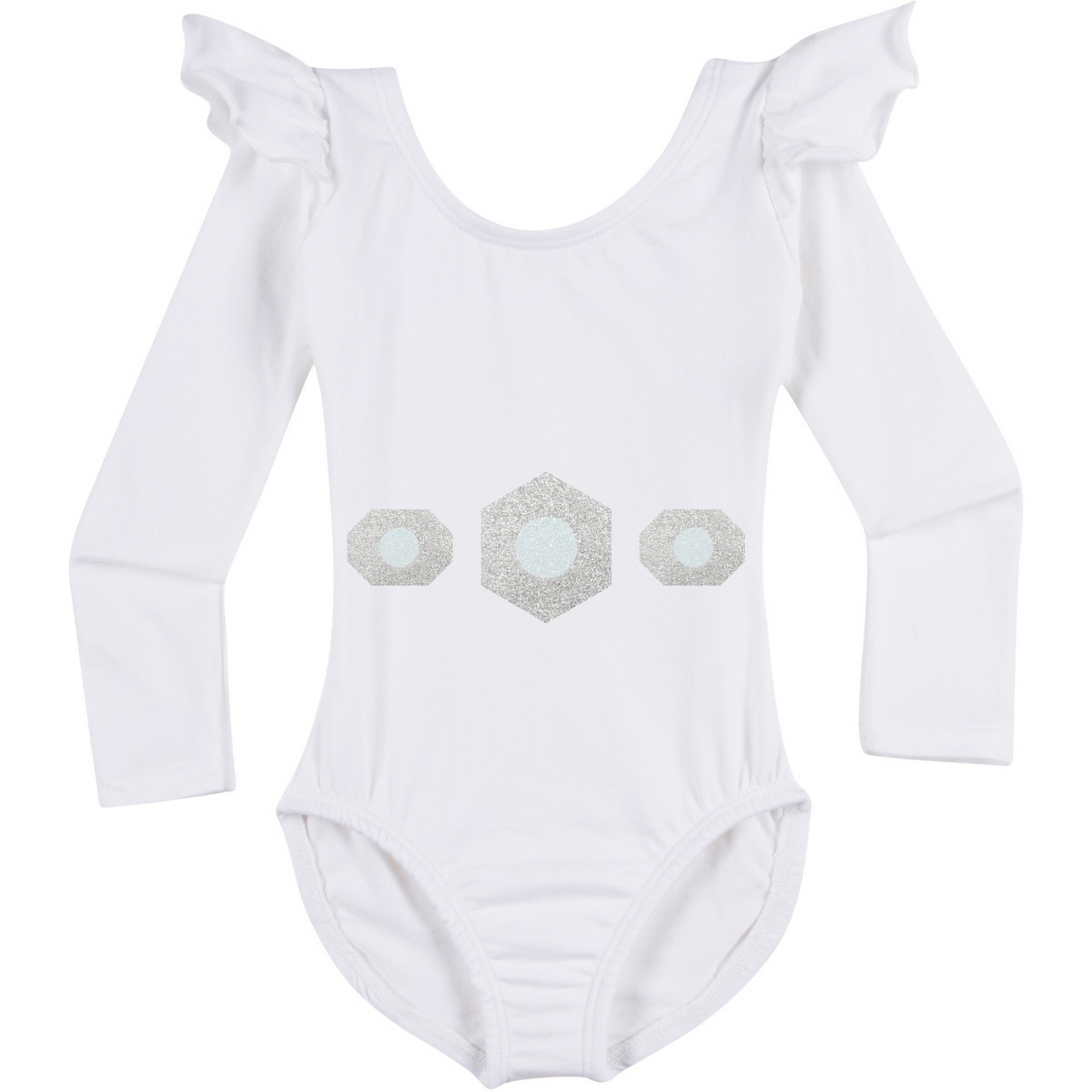 White Ruffle Long Sleeve leotard with silver and white glitter Galactic Princess design.