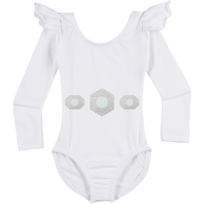 White Ruffle Long Sleeve leotard with silver and white glitter Galactic Princess design.