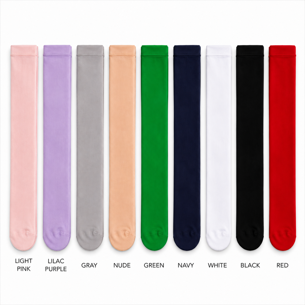 Nine pairs of flat socks shown in vertical color swatches on a white background, labeled from left to right as Light Pink, Lilac Purple, Gray, Nude, Green, Navy, White, Black, and Red.