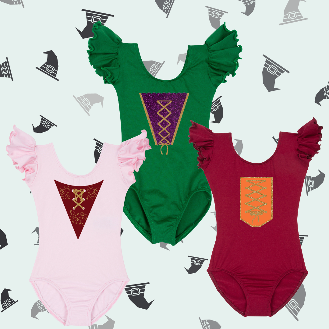 All three Hocus Pocus inspired flutter short sleeve leotards laying flat on witch hat background.