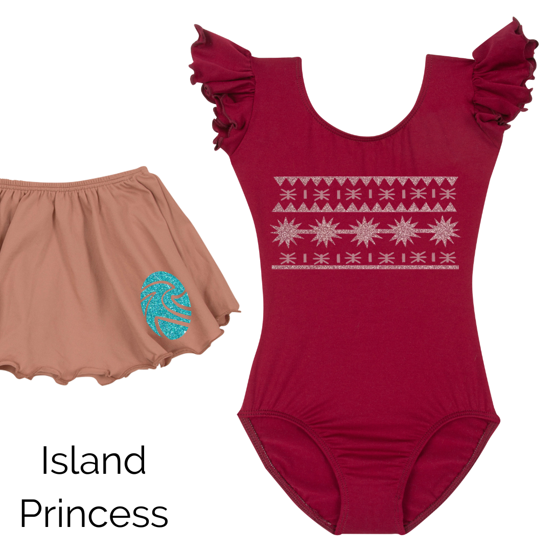 Island Princess set including a burgundy short ruffle sleeve leotard with island print in rose gold glitter with a suntan skirt with a mermaid blue glitter gem design.