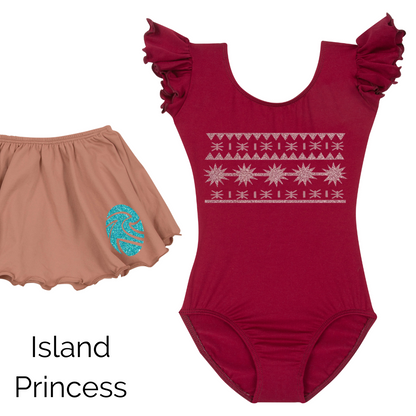 Island Princess set including a burgundy short ruffle sleeve leotard with island print in rose gold glitter with a suntan skirt with a mermaid blue glitter gem design.