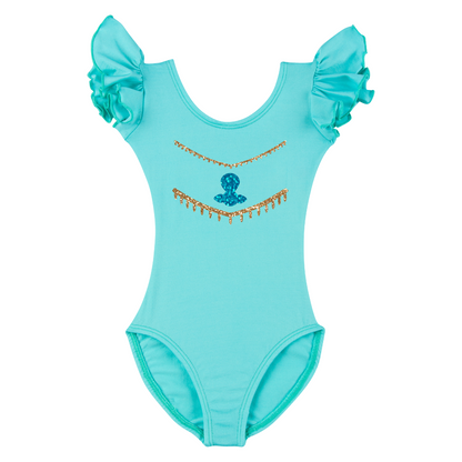 Icy Turquoise short ruffle sleeve leotard with Arabian Nights design.