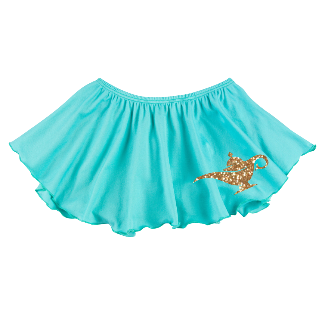 Icy Turquoise short ruffle sleeve skirt with Arabian Nights design.