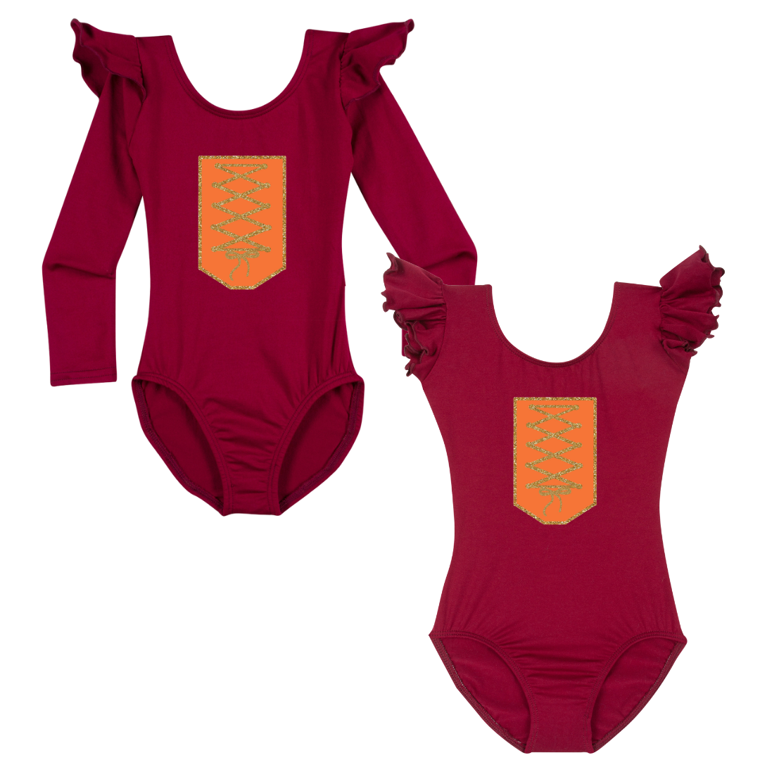 Burgundy "Mary" inspired leotard with smooth orange and gold glitter details.