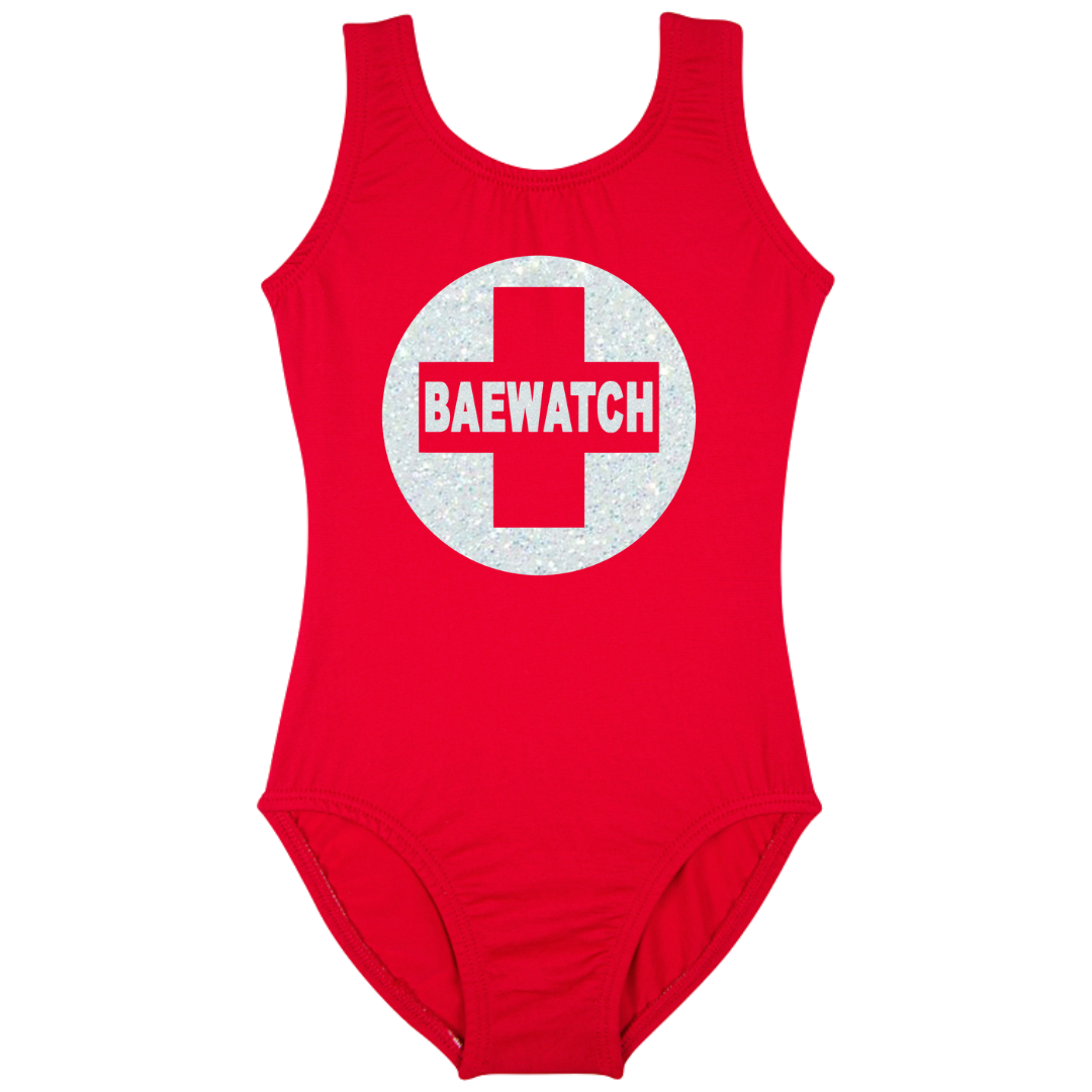 Red sleeveless leotard with ""Baewatch" white glitter design.