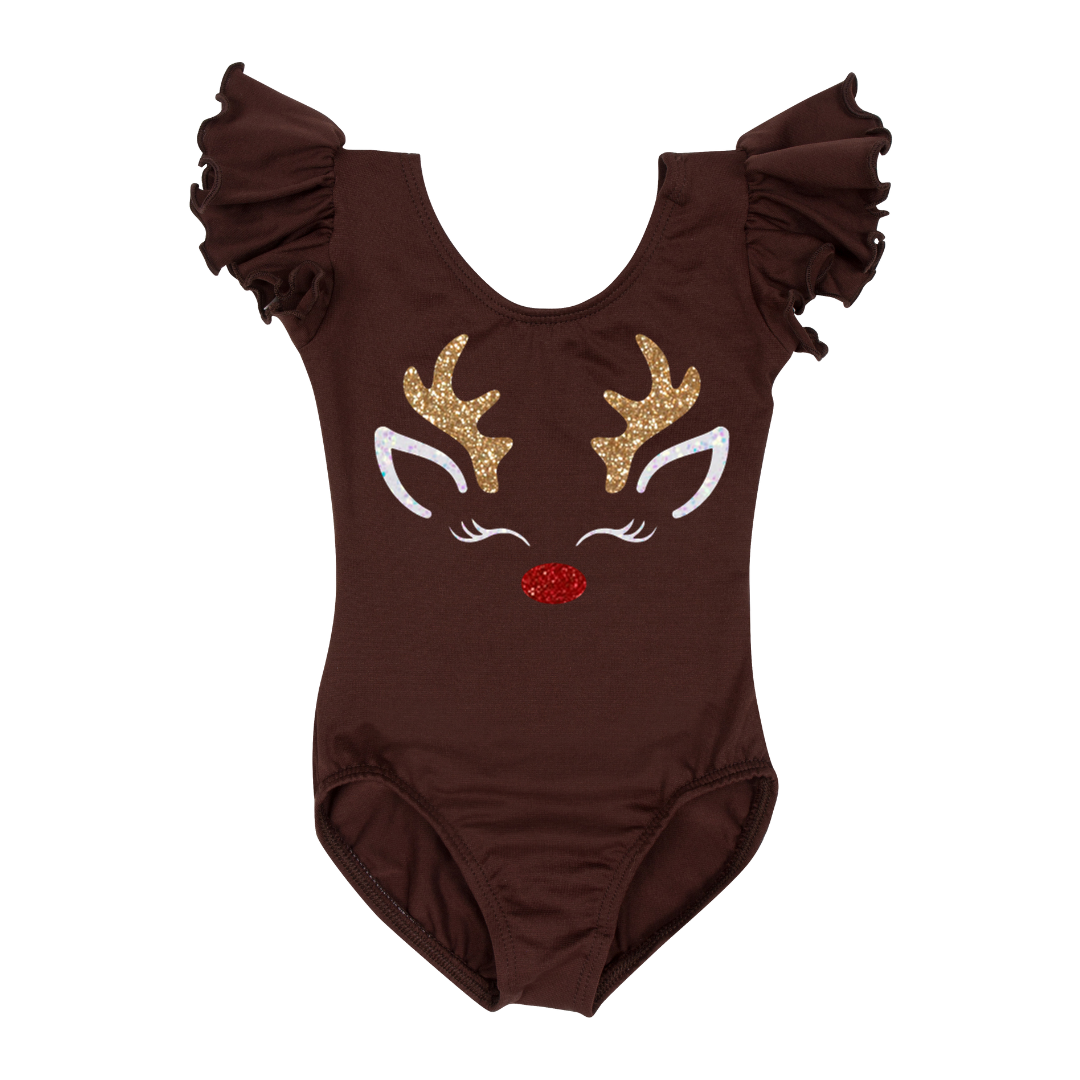 A Brown Short Ruffle Sleeve Leotard with Reindeer Design