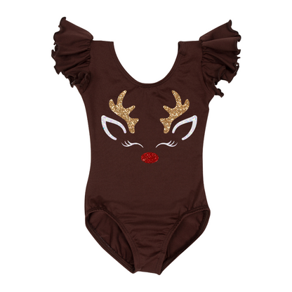 A Brown Short Ruffle Sleeve Leotard with Reindeer Design