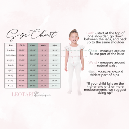 A size chart for Leotard Boutique children's leotards. The chart has columns for size (P, T, XS, S, 1, M, L, Y), girth, chest, waist, and hips. There are also notes about how to measure for each size.