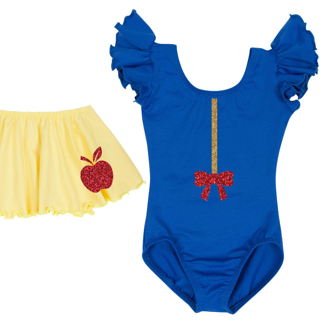 Royal Blue short ruffle sleeve leotard and Yellow skirt with the Wishing Well princess design.