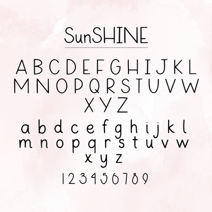 Handwritten uppercase and lowercase alphabet in a whimsical font, from A to Z. The name "Sunshine" is written above the alphabet in the same font.