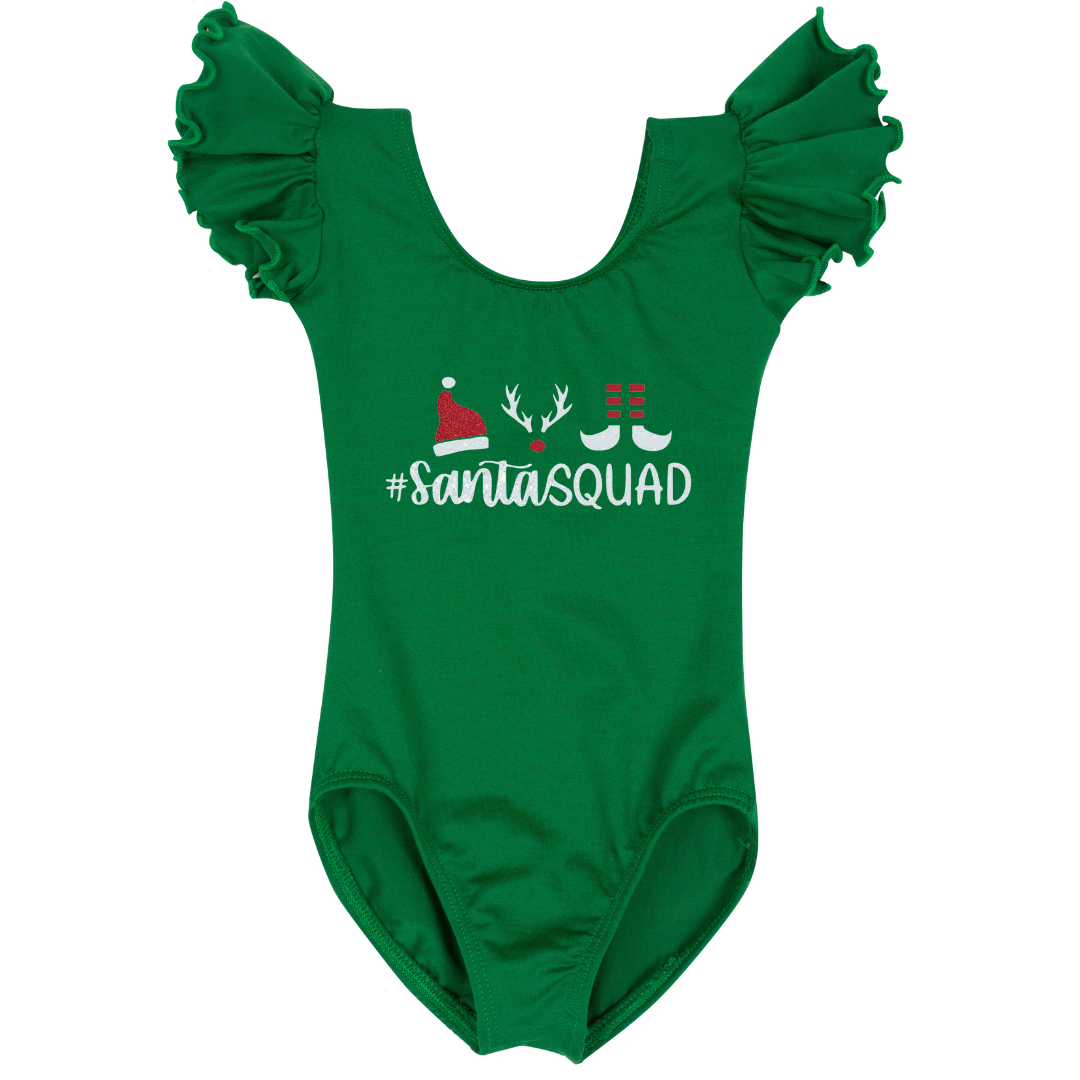Green Short Ruffle Sleeve Leotard with "Santa Squad" in white and red glitter vinyl. 