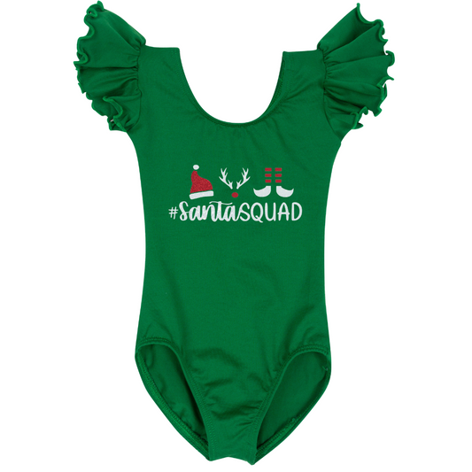 Green Short Ruffle Sleeve Leotard with "Santa Squad" in white and red glitter vinyl. 