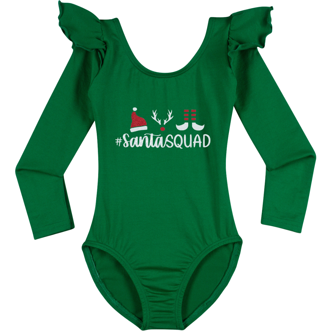 Green Long Ruffle Sleeve Leotard with "Santa Squad" in white and red glitter vinyl. 