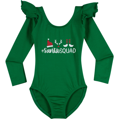 Green Long Ruffle Sleeve Leotard with "Santa Squad" in white and red glitter vinyl. 