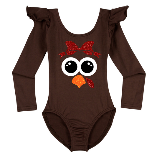 A Brown Long Ruffle Sleeve Leotard with a Turkey Face