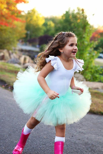 White Lined Leotard with Flutter/Ruffle Short Sleeve for Toddlers & Girls