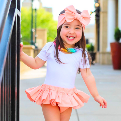 White Lined Short Sleeve Leotard for Toddler & Girls