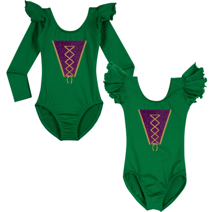 Green "Winifred" inspired leotard with purple and gold glitter details.